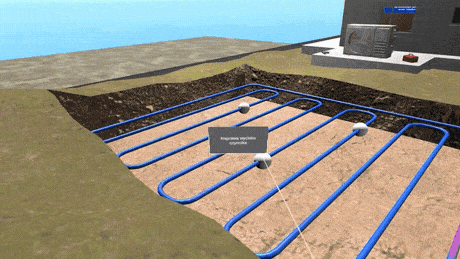 Moduł Dom z instalacją OZE VR — przekrój domu z pompą ciepła i PV, Energetyk Przyszłości VR