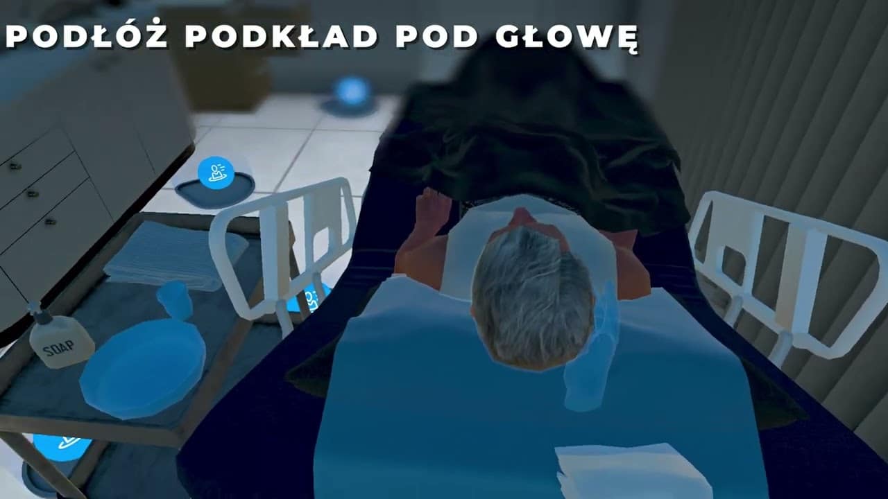 Opiekun medyczny VR — mycie głowy pacjentowi leżącemu